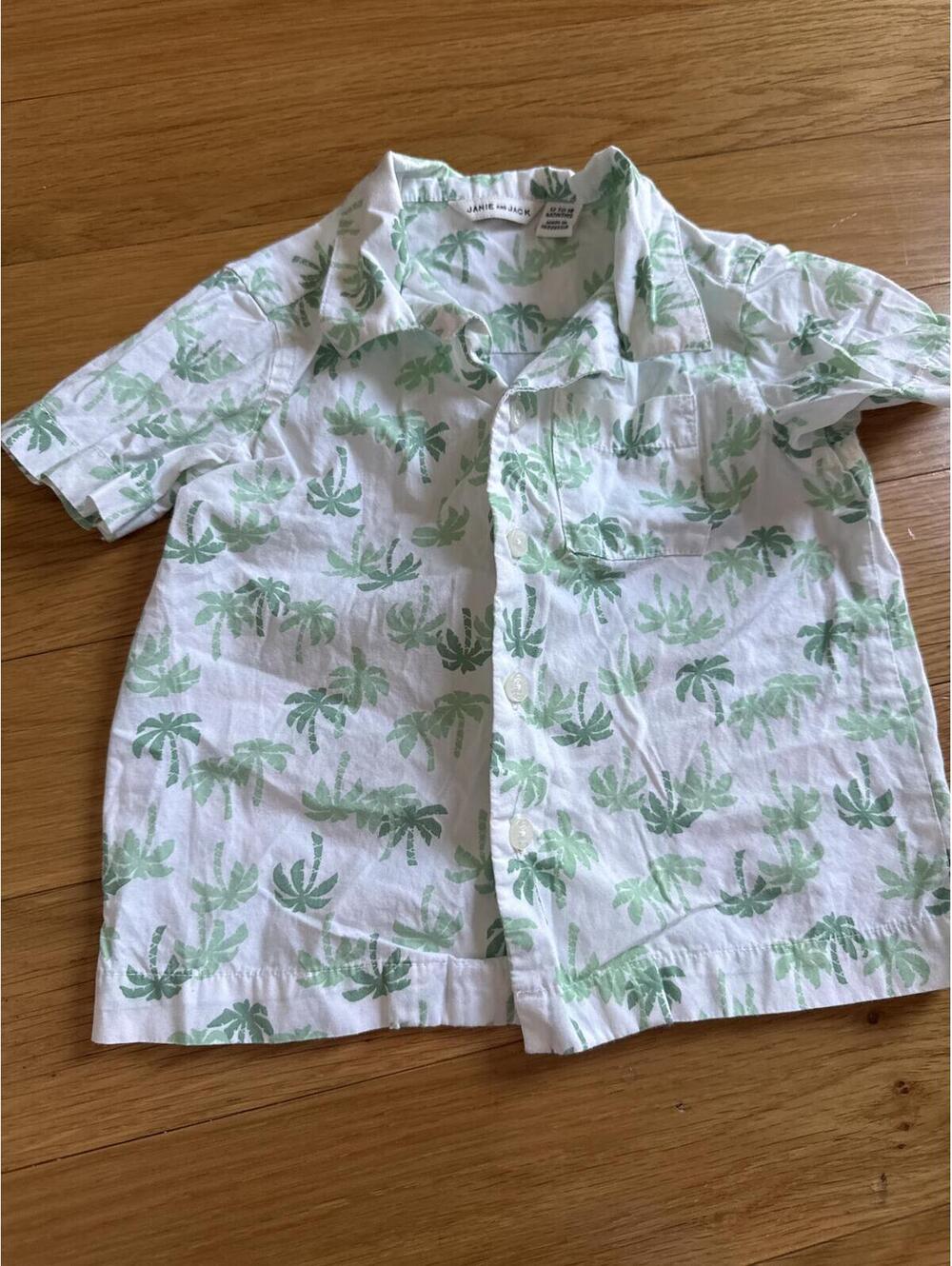 Janie and Jack Toddler Boys 12-18 Months White Green Palm Print Short Sleeve